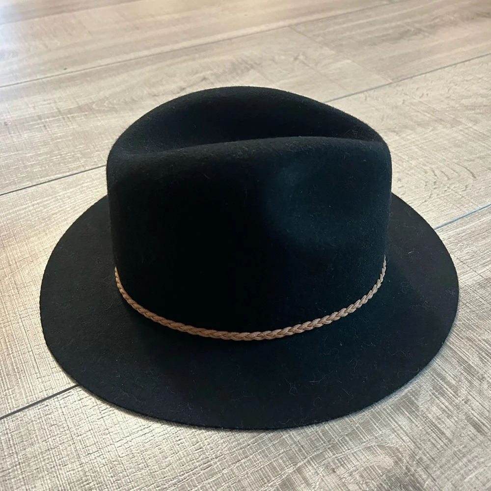 Chico's Black Wool Felt Fedora Hat with Braided Trim – Wide Brim Rancher One Sze